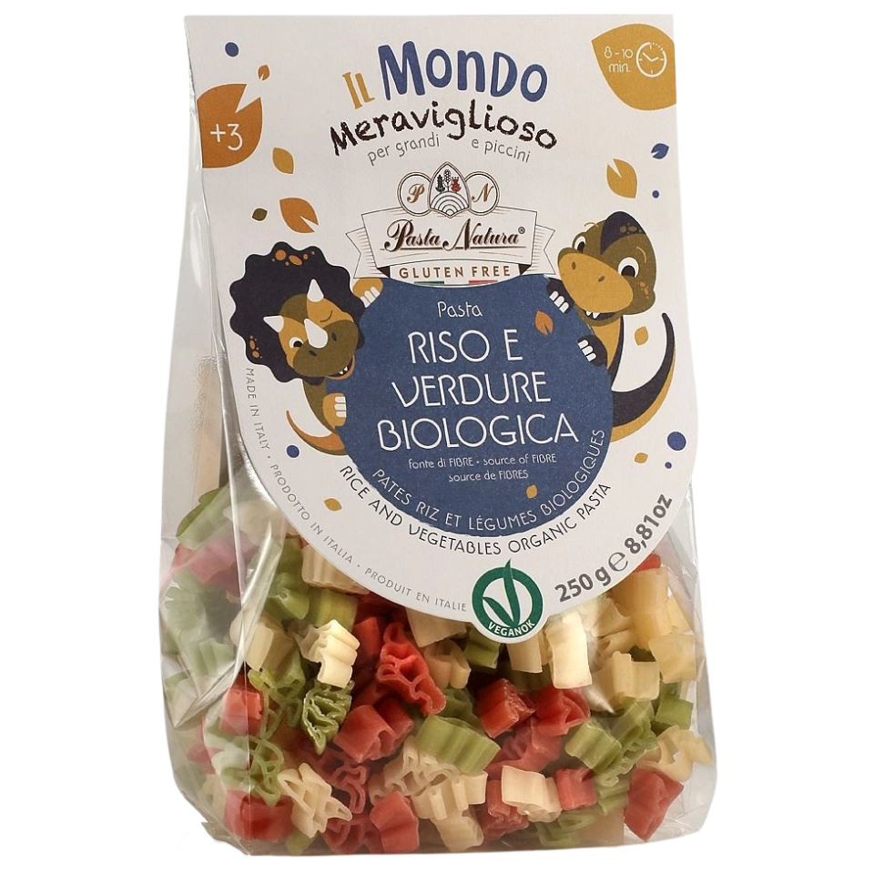 Ekologiški burokėlių, špinatų ir baltųjų ryžių miltų makaronai dinozaurai, be gliuteno | Pasta Natura (250 g)