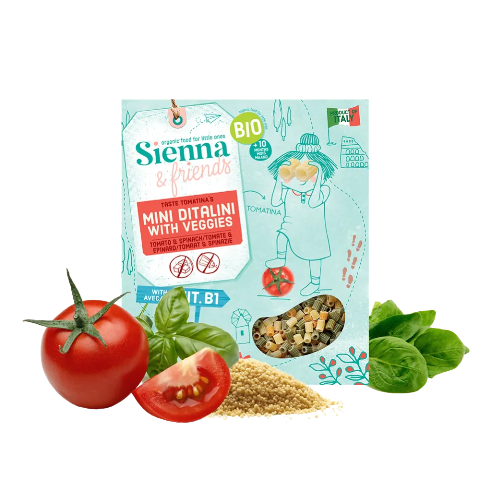 Vaikiški makaronai MINI DITALINI su pomidorais ir špinatais | Sienna&friends (350 g)