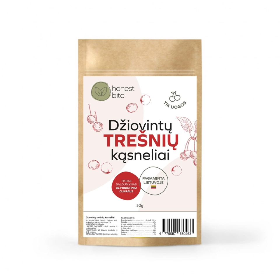 Džiovintų trešnių kąsneliai, be pridėtinio cukraus | honestbite (50 g)