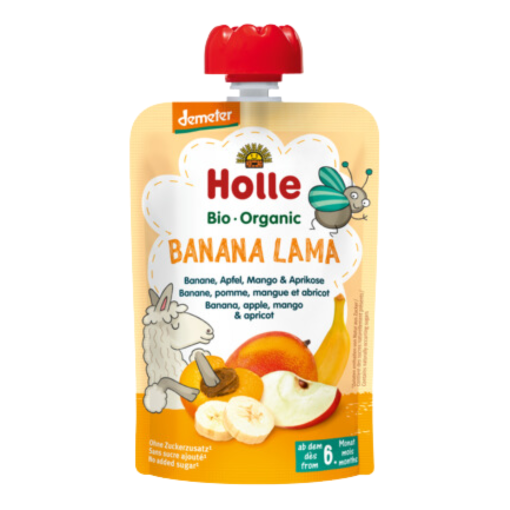 Ekologiška bananų, obuolių, mangų ir abrikosų tyrelė BANANA LAMA | HOLLE (100 g)