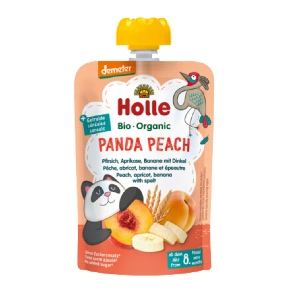 Ekologiška persikų, abrikosų, bananų ir speltos tyrelė PANDA PEACH | HOLLE (100 g)