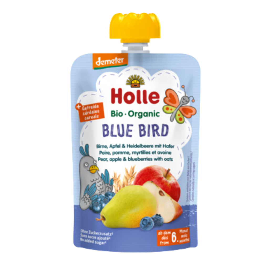 Ekologiška kriaušių, obuolių, mėlynių ir avižų tyrelė BLUE BIRD | HOLLE (100 g)