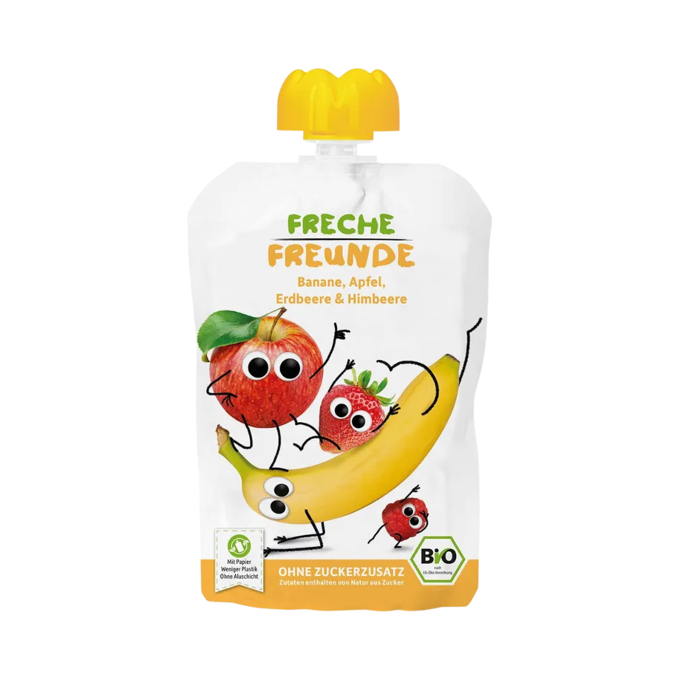 Ekologiška obuolių, bananų ir braškių tyrelė, be glitimo | FRECHE FREUNDE (100 g)