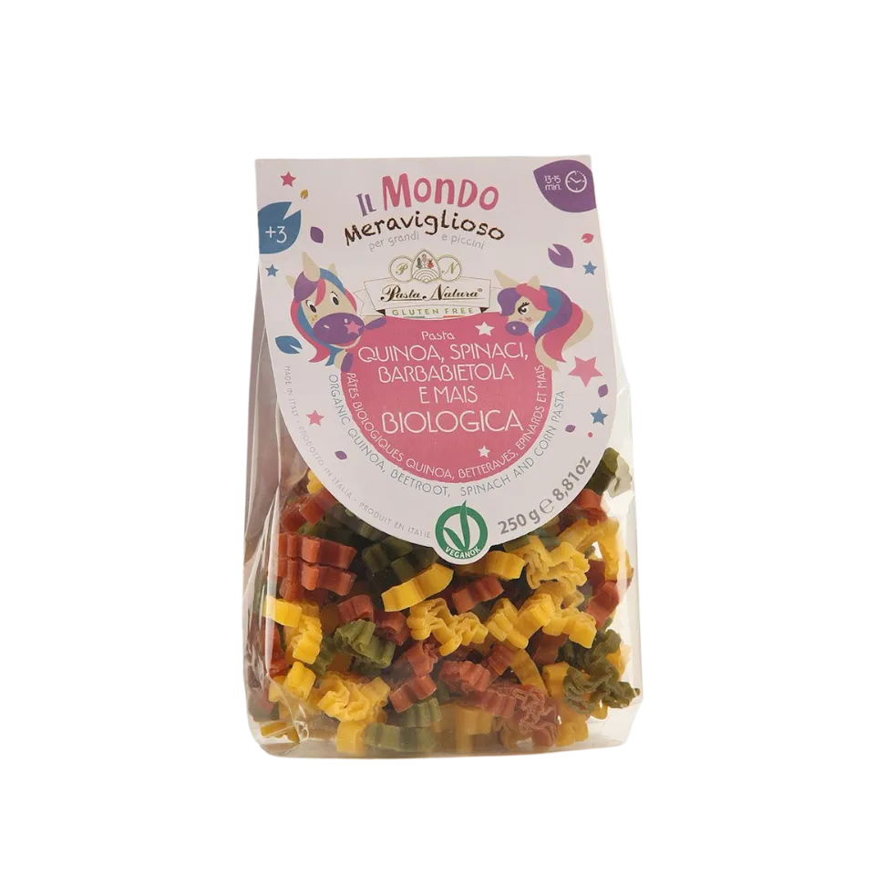 Ekologiški UNICORN kukurūzų makaronai su bolivine balanda, burokėliais ir špinatais | Pasta Natura (250 g)