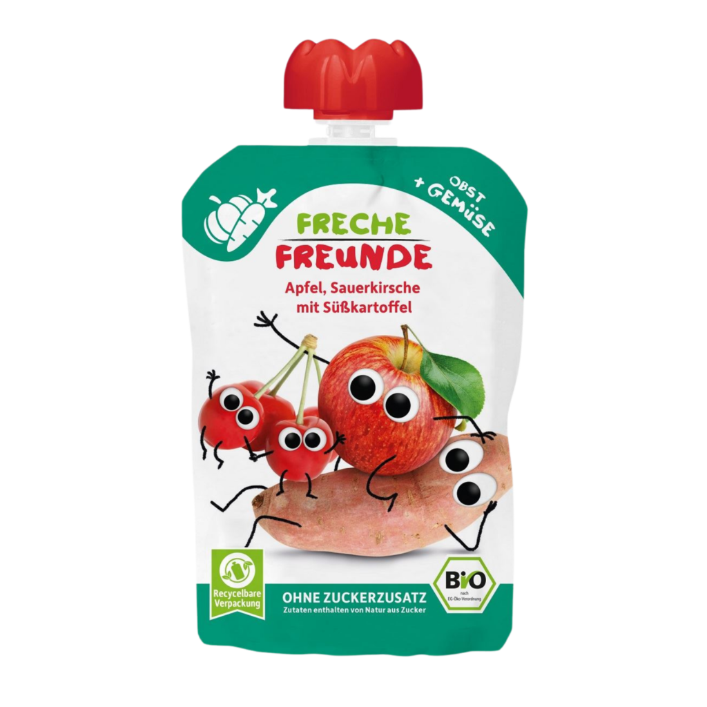 Ekologiška obuolių, vyšnių ir batatų tyrelė, be glitimo | FRECHE FREUNDE (100 g)