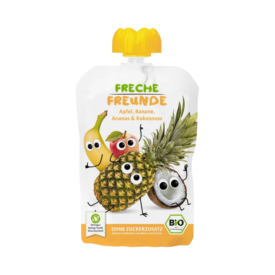 Ekologiška obuolių, bananų, ananasų ir kokosų tyrelė, be glitimo | FRECHE FREUNDE (100 g)