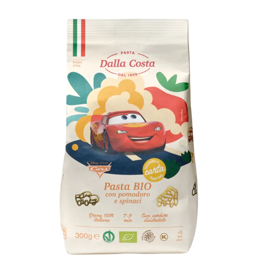Ekologiški vaikiški 3 spalvų kvietiniai makaronai, Disney Auto | Dalla Costa (300 g)