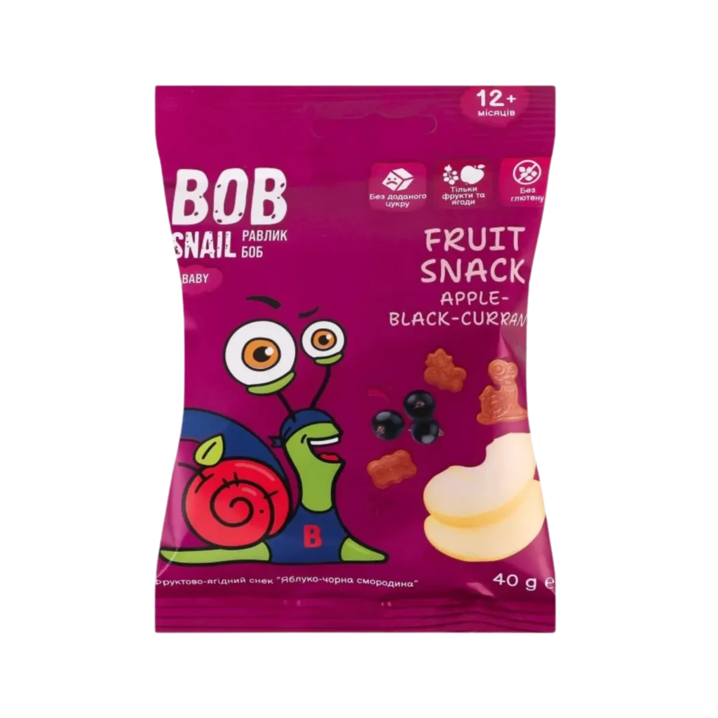 MAXI vaisių užkandis obuolys - juodieji serbentai, be glitimo | Bob Snail (40g)