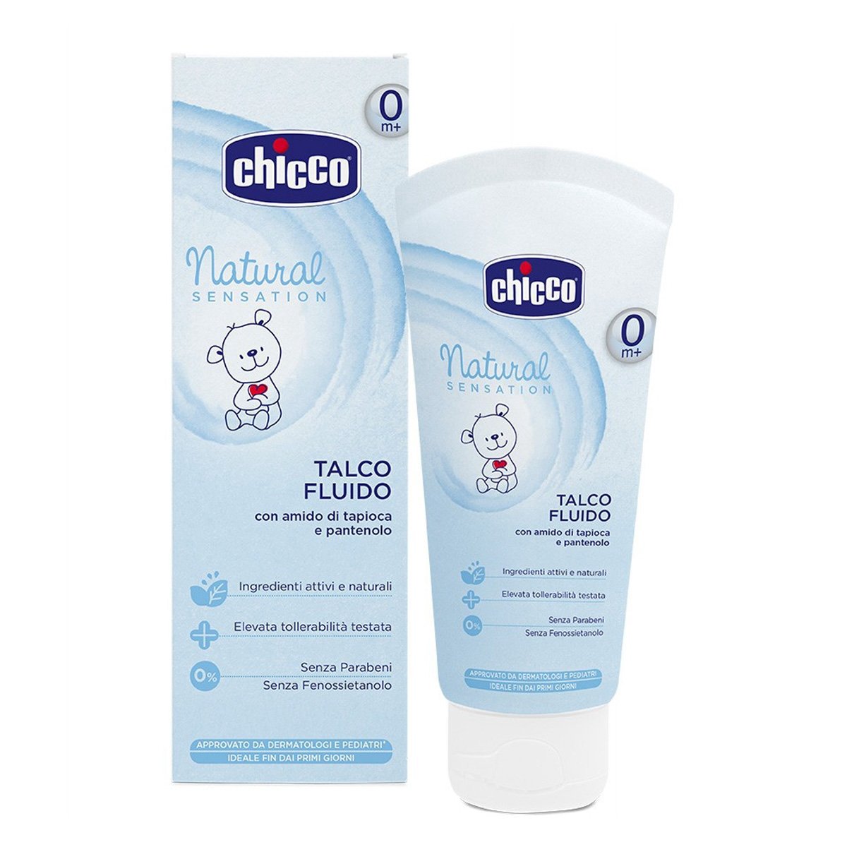 Skystas talkas CHICCO „Natural Sensation“ su tapijokos krakmolu ir pantenoliu,100ml