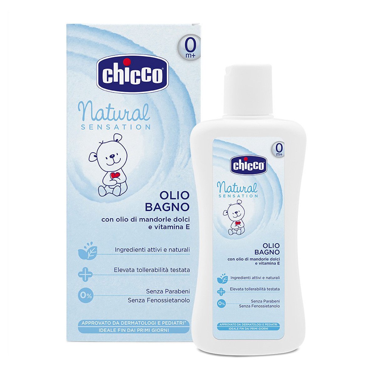 CHICCO Vonios aliejus „Natural Sensation“ su saldžiu migdolų aliejumi ir vitaminu E, 200 ml