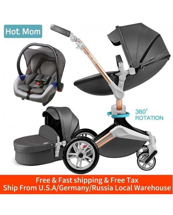 Hot Mom Baby Stroller 3 in 1 kelionių sistema su lopšeliu ir automobiline kėdute, 360° besisukantis vaikiškas vežimėlis