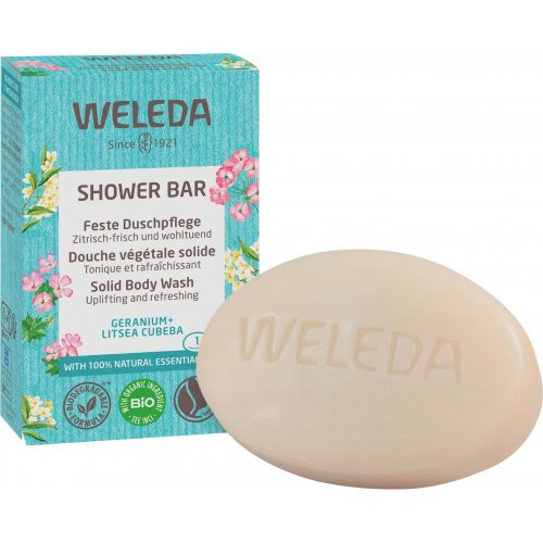 Weleda Shower Bar Solid Body Wash Geranium + Litsea Cubeba Dušo muilas su snapučiais ir japoniniais laureniais, 75g