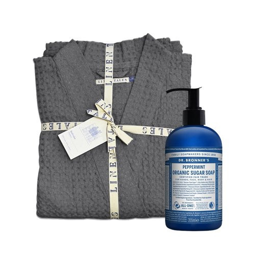 KlipShop Dovanų rinkinys Linen Tales Dark Grey Lininis chalatas + Dr. Bronner's Ekologiškas cukraus muilas, L-XL