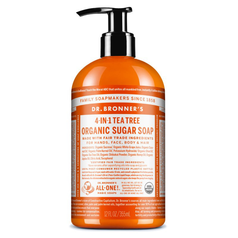 DR. BRONNER'S TEA TREE, ekologiškas cukraus muilas su arbatmedžio eteriniu aliejumi, 355 ml