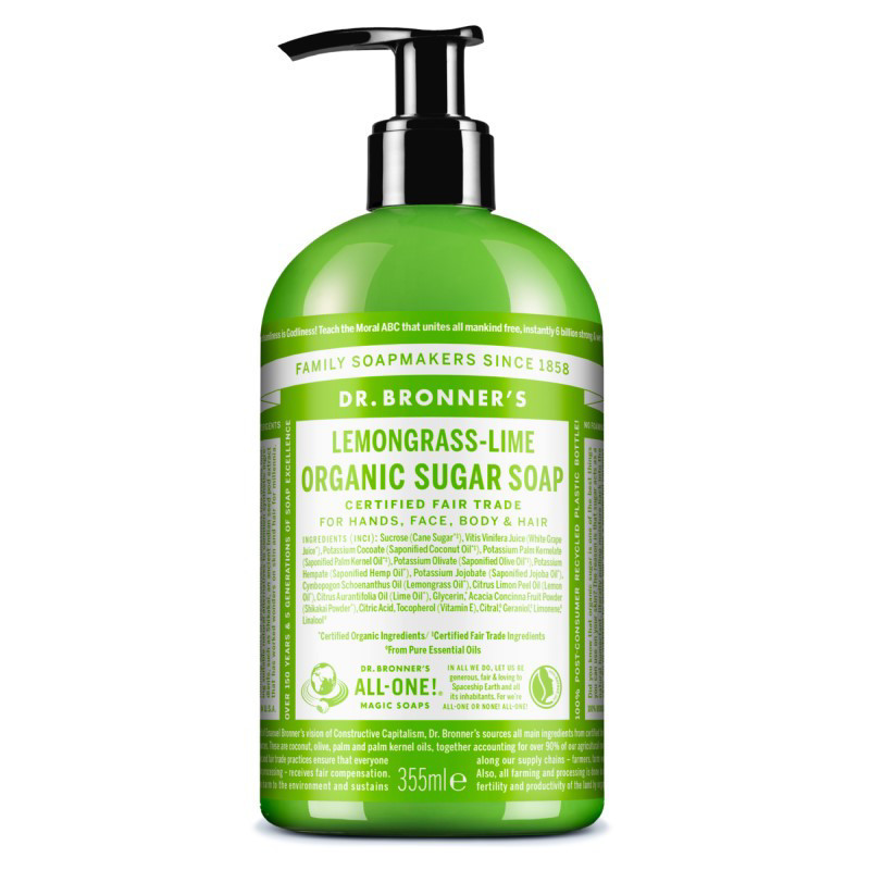DR. BRONNER'S LEMONGRASS-LIME, ekologiškas cukraus muilas su citrinžolės ir laimų eteriniais aliejais, 355 ml
