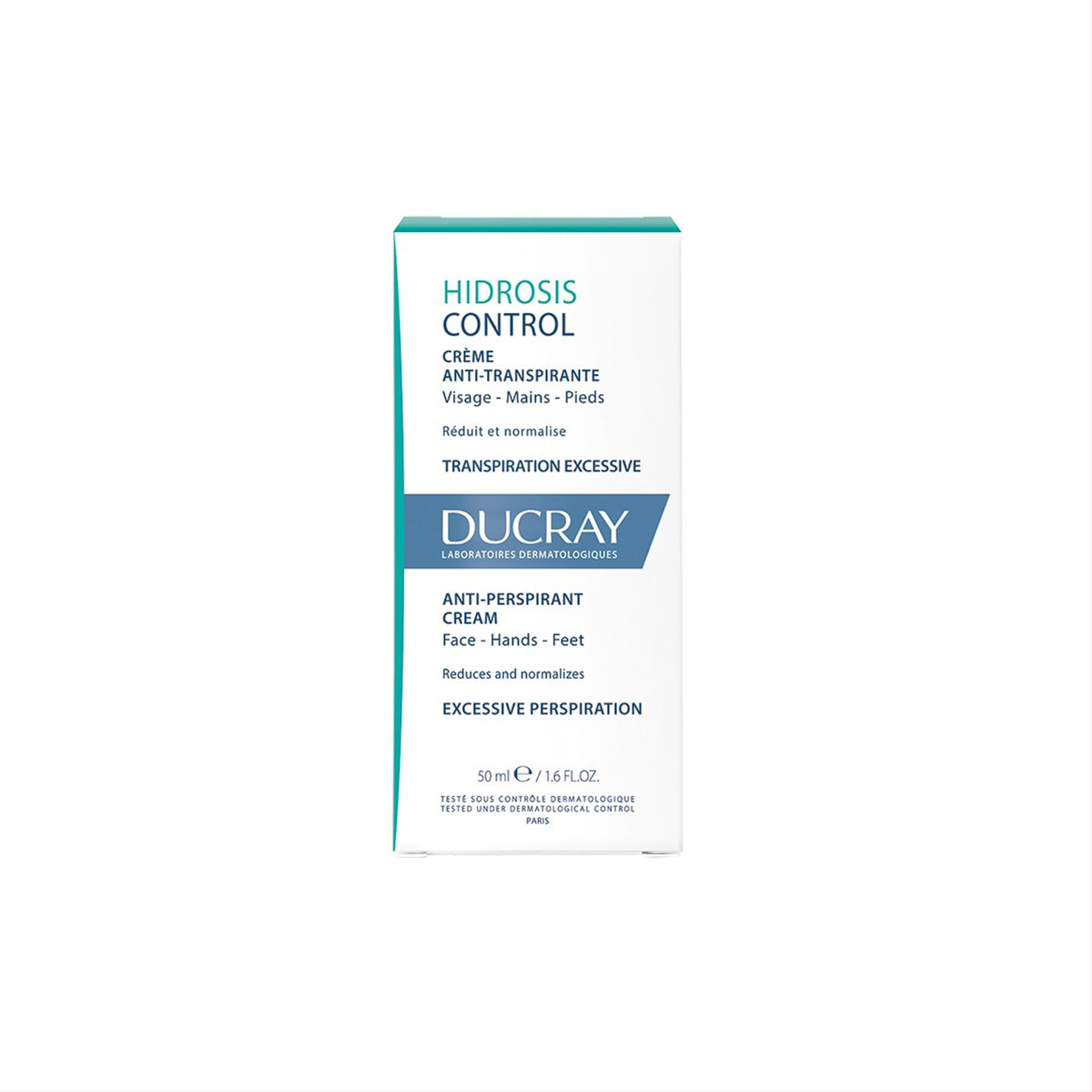 DUCRAY HIDROSIS CONTROL, veido, rankų, pėdų kremas-antiperspirantas nuo prakaitavimo, 50ml