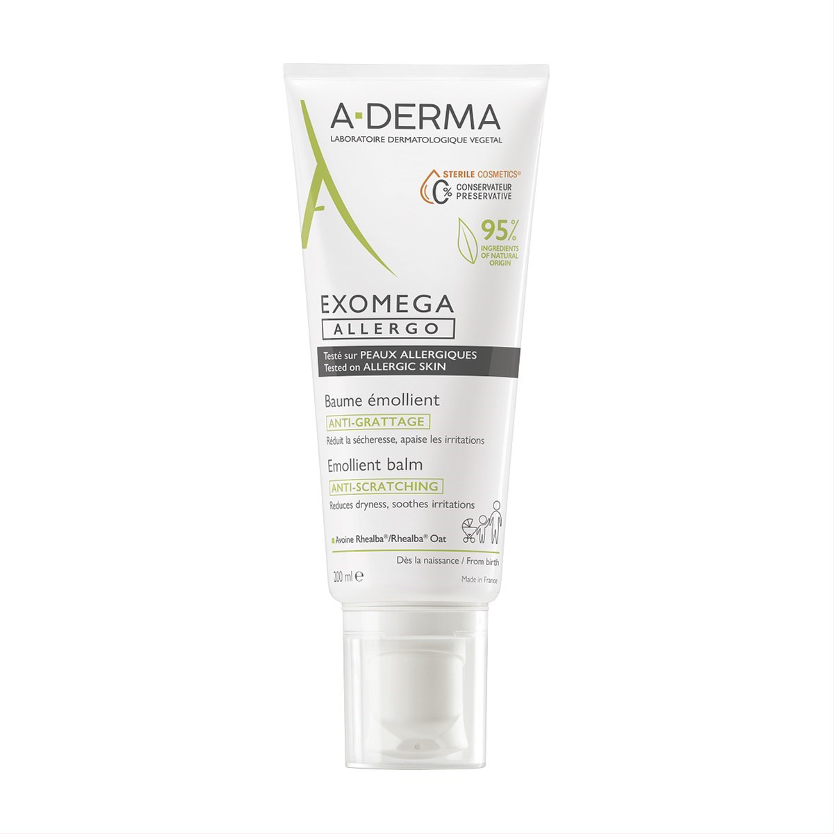 A-DERMA EXOMEGA ALLERGO, niežulį mažinantis veido ir kūno balzamas emolientas, tinkantis ir alergiškai odai, 200 ml