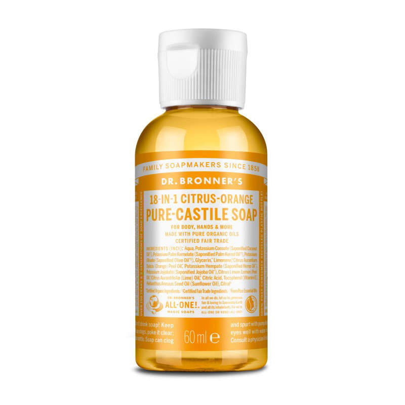 DR. BRONNER’S CITRUS-ORANGE, ekologiškas skystas muilas su citrusinių vaisių eteriniais aliejais, 60 ml
