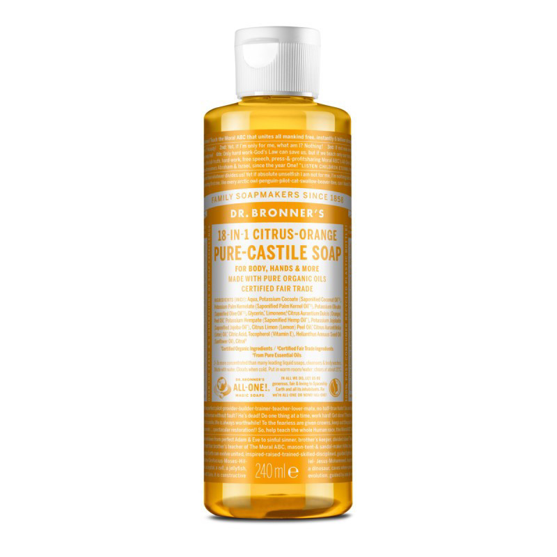 DR. BRONNER’S CITRUS-ORANGE, ekologiškas skystas muilas su citrusinių vaisių eteriniais aliejais, 240 ml