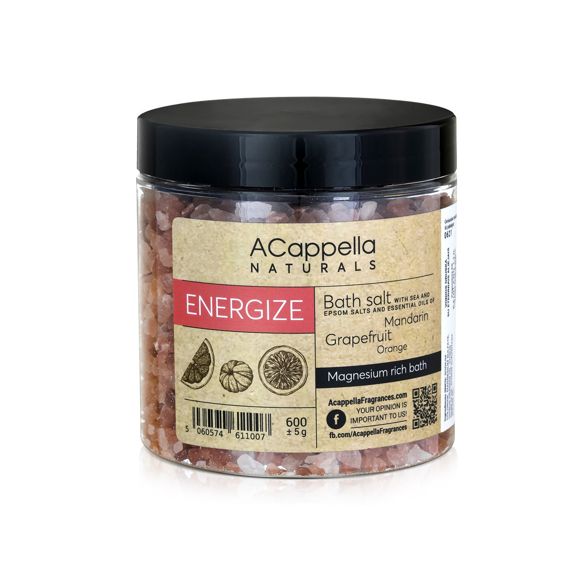 ACAPPELLA NATURALS vonios druska ENERGIZE, 600 g.