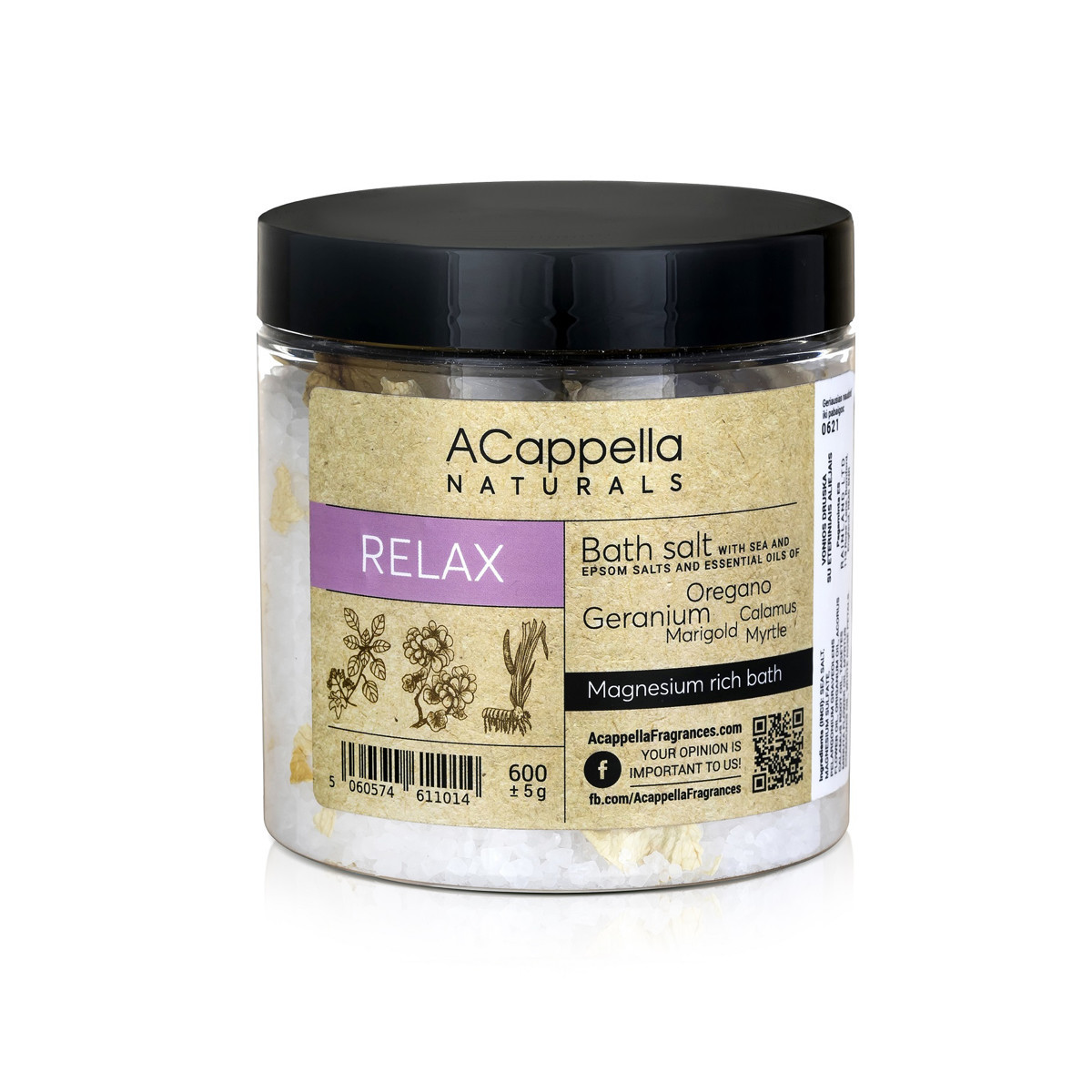 ACAPPELLA NATURALS vonios druska RELAX, 600 g.