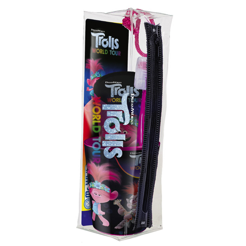 TROLLS kelioninis rinkinys vaikams: dantų pasta, 75 ml. + dantų šepetėlis, 1 vnt. + stiklinė, 1 vnt. + kosmetinė, 1 vnt. Nuo 3 metų