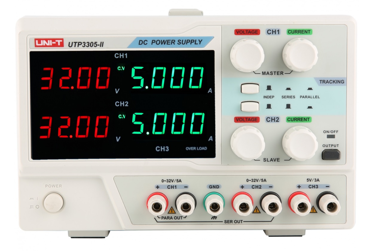 Laboratorinis maitinimo šaltinis 2x(0-32Vdc) 2x(0-5A) fiksuota 5V 5A; linijinis, UNI-T