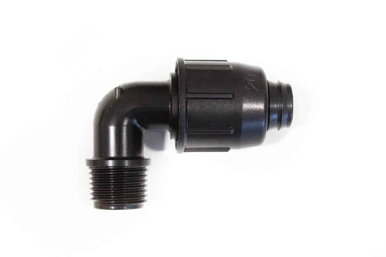 Alkūnė 20mm LDPE vamzdžiui ir ½” išorinis sriegis