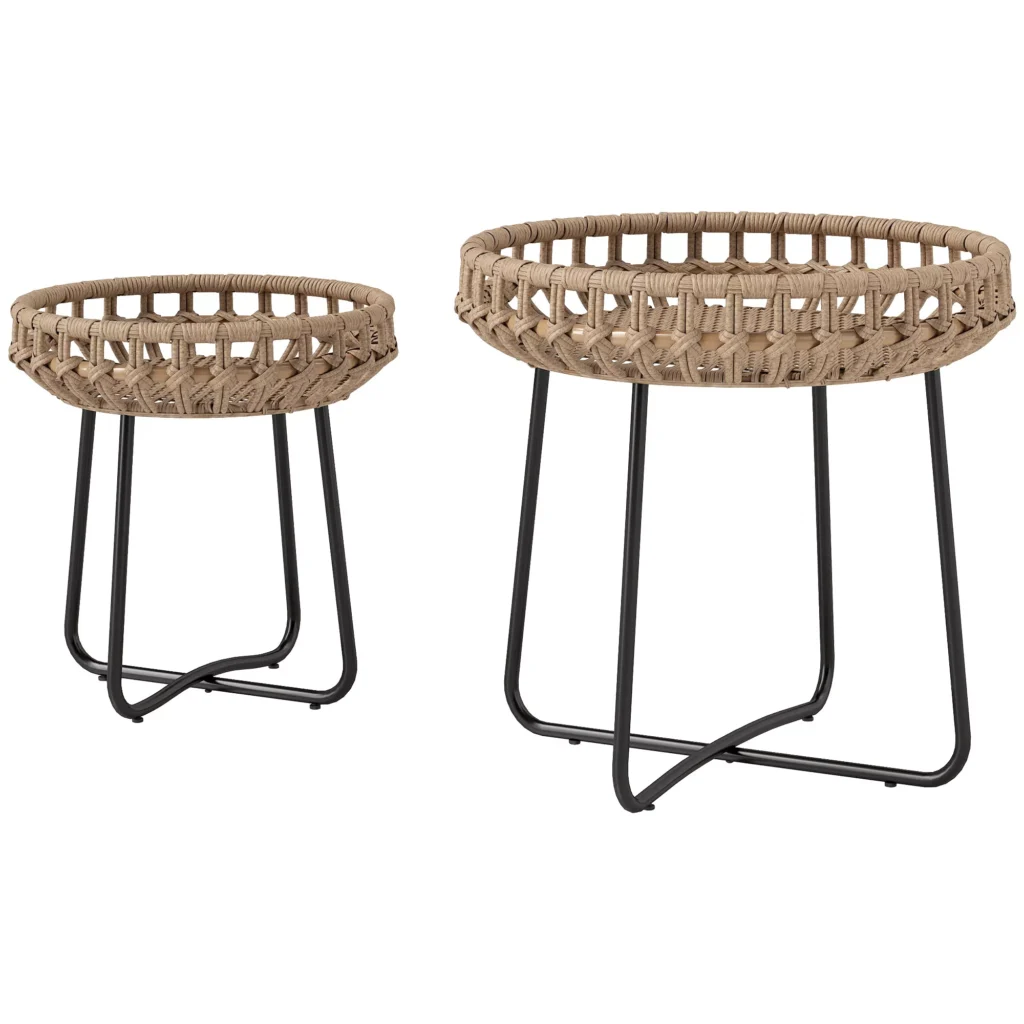 "Outsunny" 2 poliratano staliukų rinkinys Ø60/41 cm apvalus oro sąlygoms atsparus sodo stalas su X formos kojomis, reguliuojamomis kojelėmis lauko balkono staliukas kavos staliukas sodo baldai sodui, balkonui, rudos spalvos