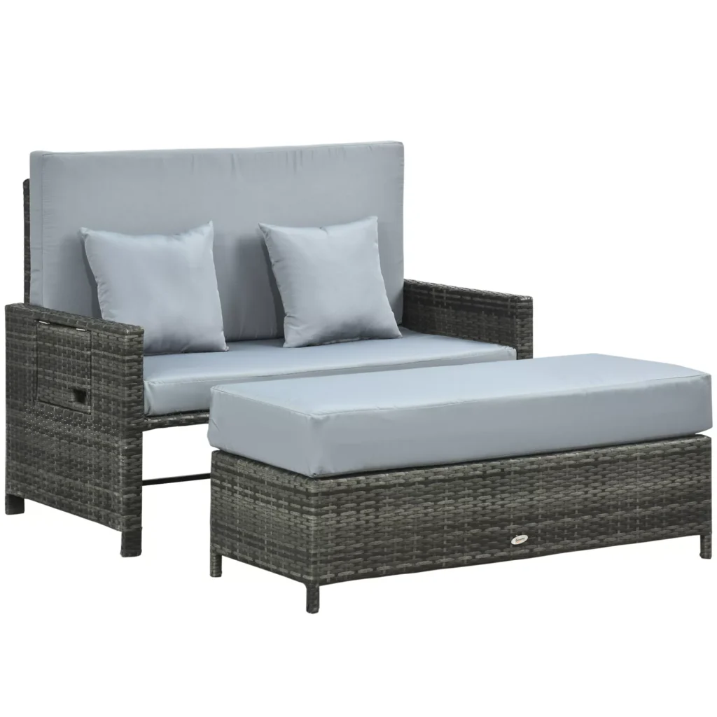 Poliratano poilsio sofa, sodo sofa, 2 sėdimos vietos, su pagalvėlėmis ir taburetėmis, pilka