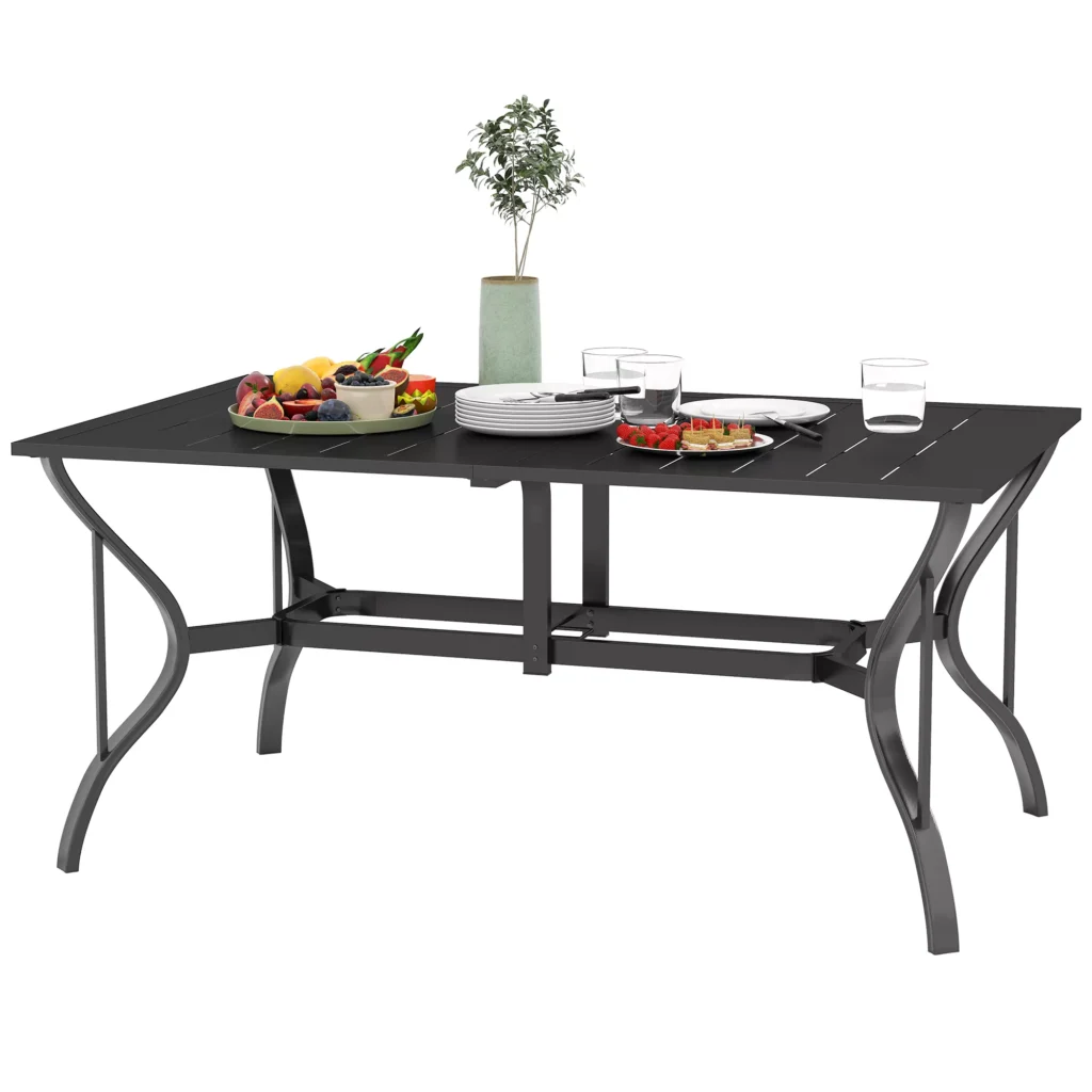 Outsunny sodo stalas plieninis 150x90 cm oro sąlygoms atsparus balkono stalas su skyle skėčiui, lamelių dizaino bufetinis stalas kempingo stalas 6 žmonėms kiemo stalas lauko valgomojo stalas sode, terasoje balkone juodas
