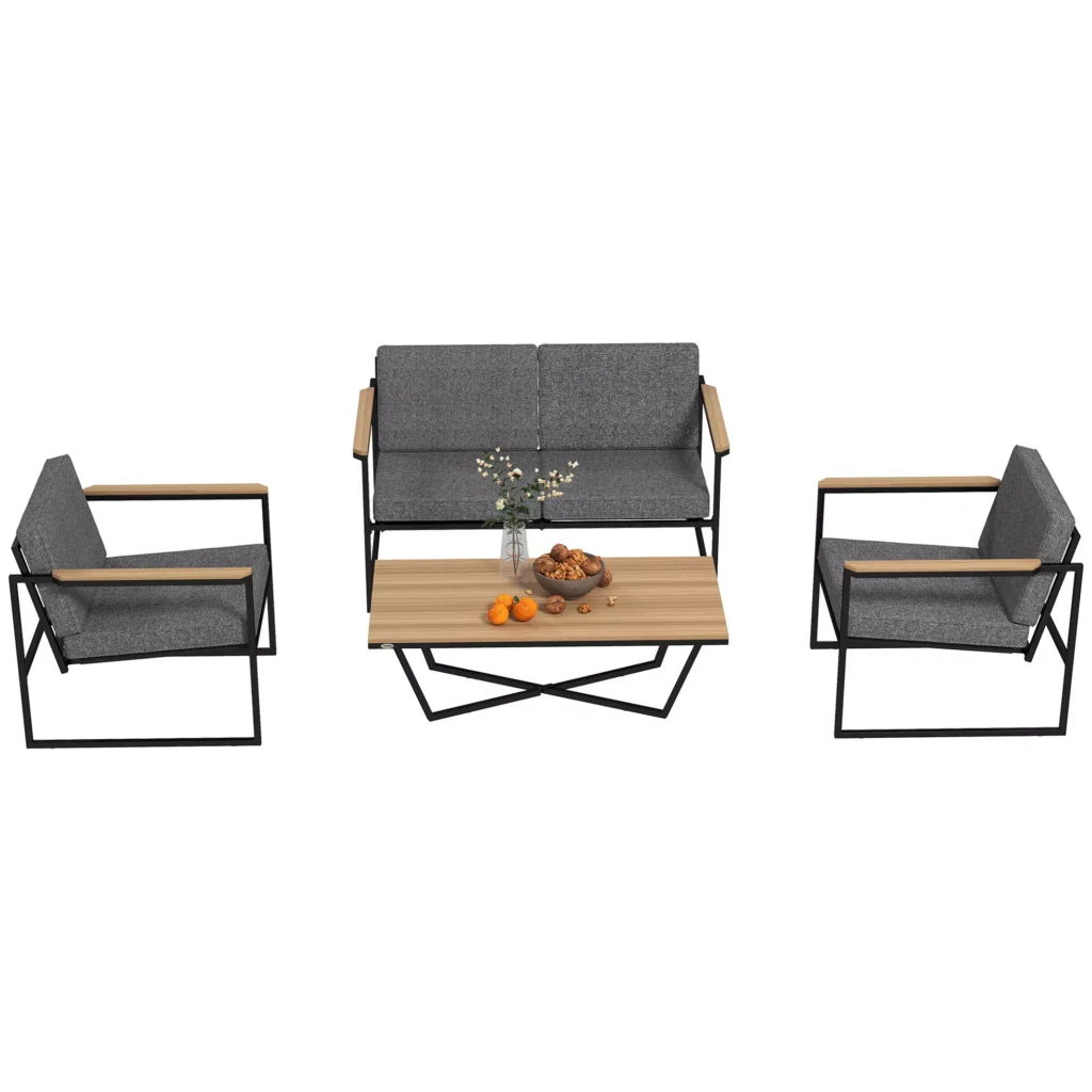 "Outsunny" sodo baldų komplektas 4 asmenų oro sąlygoms atsparus balkono baldų komplektas su 2 sėdimų vietų sofa, 2 kėdžių sėdynės pagalvėlė, šoninis stalas, lauko sėdimųjų vietų grupė, terasos baldų sodo komplektas, skirtas sodo terasai, balkonui, pilka spalva