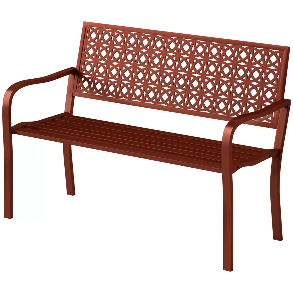 2 Vietų Sodo Suolas, Atsparus Oro Sąlygoms | Sodo Baldai su Atlošu ir Porankiais, Parko Suolas, Maksimali Apkrova 240 kg, Skirtas Balkonui, Terasai, Sodui, 127 x 63 x 85 cm, Raudonas