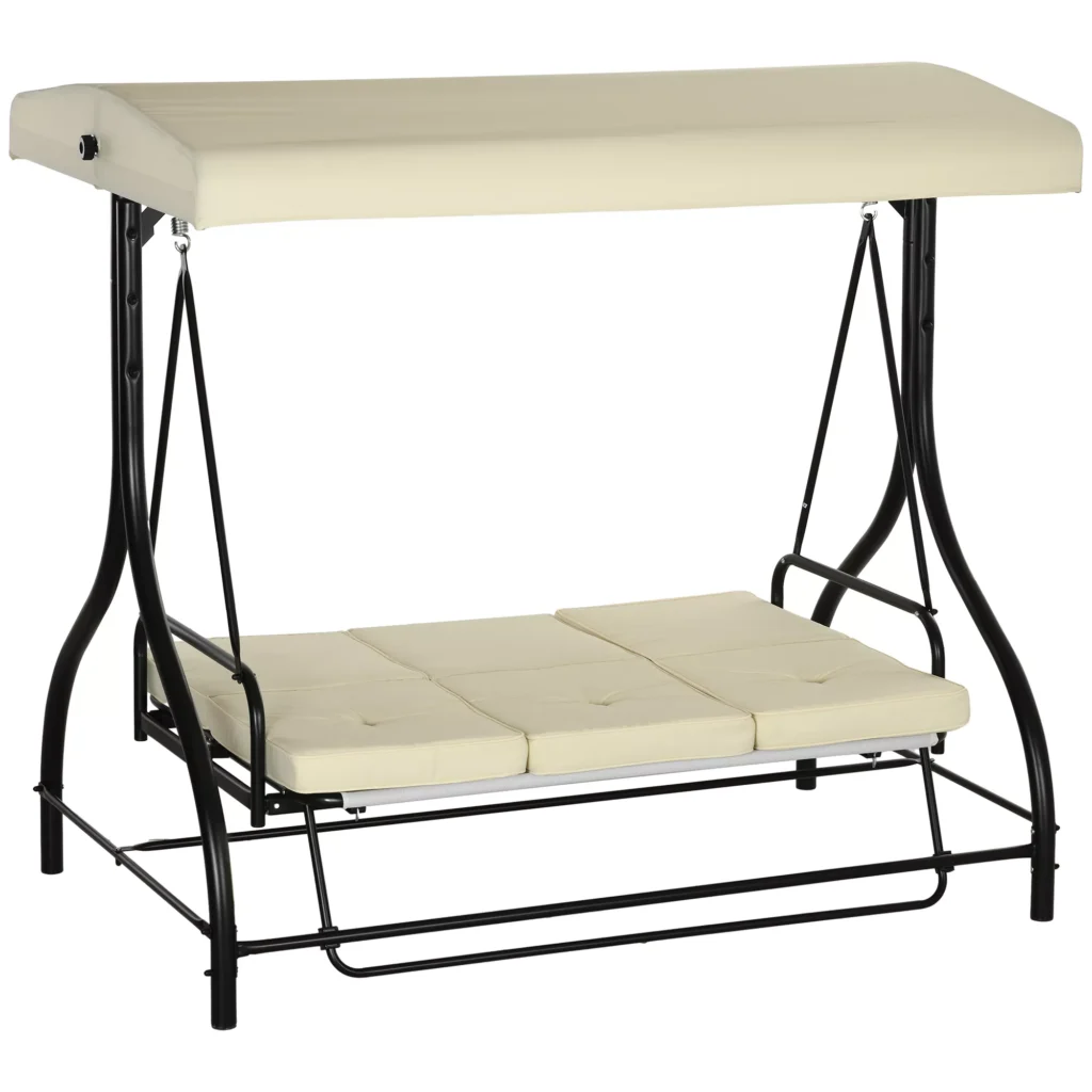2 in 1 sodo sūpynės su atsilenkimo funkcija, 3-vietės su reguliuojamu stogeliu iki 240 kg,195x117x175 cm, smėlio spalvos