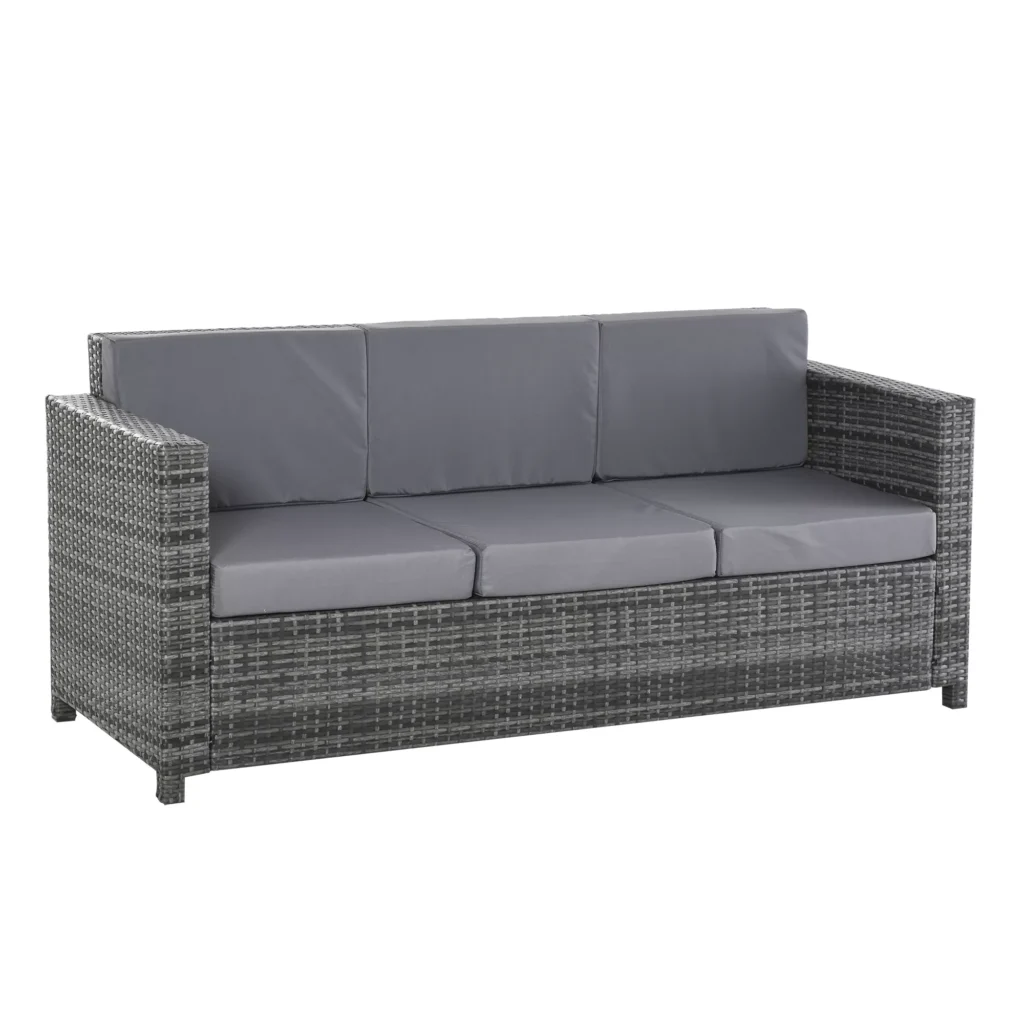 "Outsunny" polivinilinė rotango sodo poilsio sofa 3-vietė su pagalvėlėmis, metalinis poliesteris, pilka, 185 x 70 x 80 cm