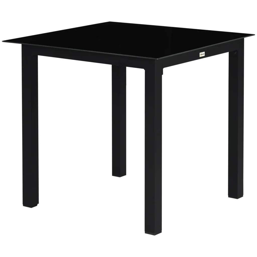 Lauko stalas kvadratinis 4 asmenų su grūdinto stiklo stalviršiu, juodas 80x80x74cm