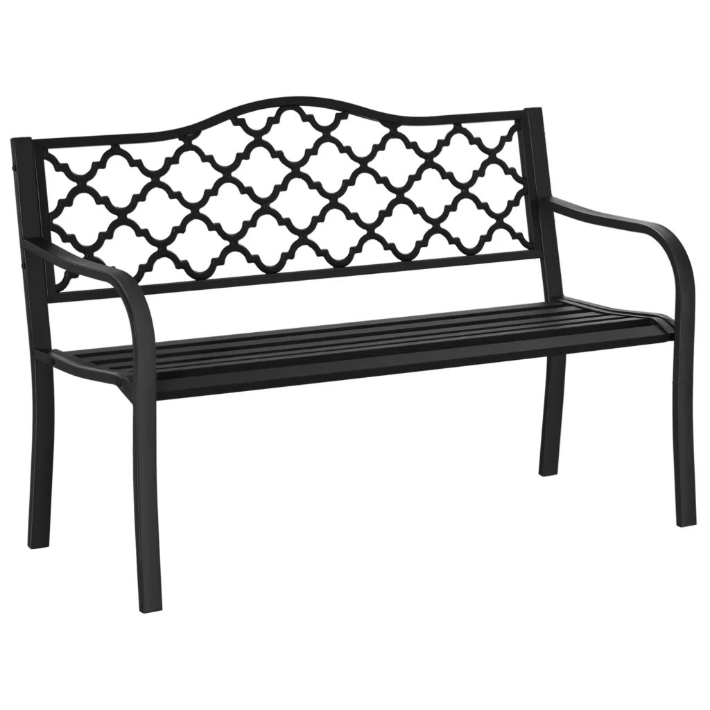 "Outsunny" sodo suoliukas 2-vietis Elegantiškas metalinis parko suoliukas, iki 240 kg, su atlošu ir porankiais, ketaus, juodas, 128x58,5x89 cm
