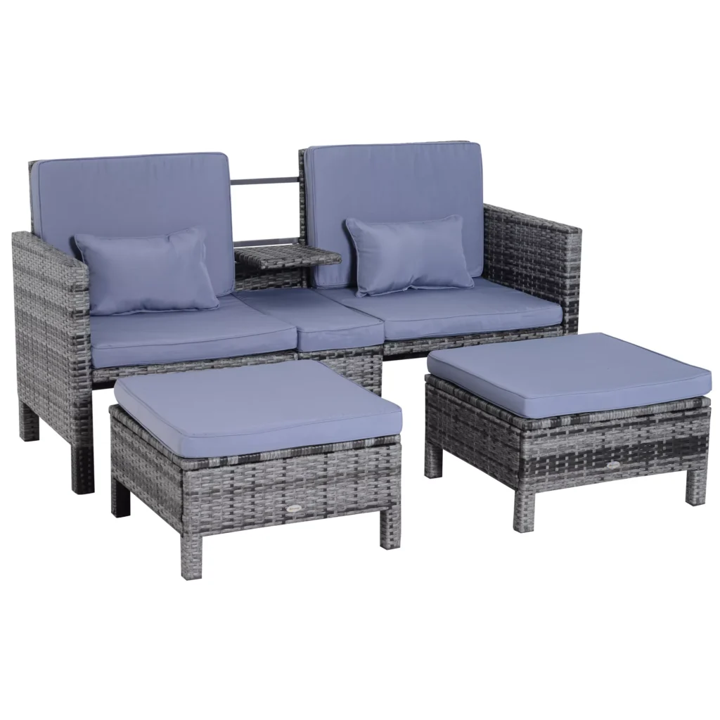 3 dalių sodo baldų komplektas - pilka 2 vietų sofa, 2 x taburetės pagalvėlės