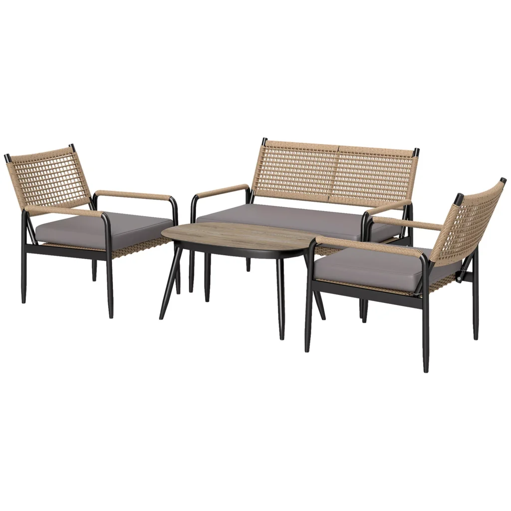 Outsunny sodo baldų komplektas iš poliratano, svetainės komplektas su 2 vietų sofa, foteliu, stikliniu staliuku, pagalvėmis, atsparus oro sąlygoms, sėdimas komplektas 4 asmenims, lauko baldų komplektas balkonui, terasos baldai sodui, balkonui, tamsiai pilka+geltona