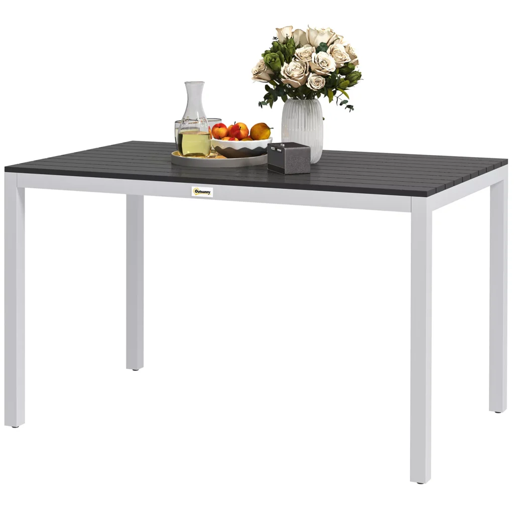 Outsunny sodo stalas, aliuminio, 120x70 cm, atsparus oro sąlygoms, balkono stalas su medžio imitacija, neslystantis, bufeto stalas, kempingo stalas 4-6 asmenims, terasos stalas, lauko valgomasis stalas sodui, balkonui, juodas