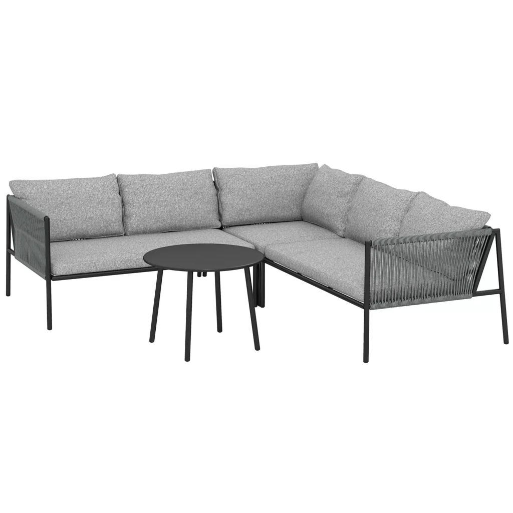 Outsunny sodo baldų komplektas, poliratano poilsio komplektas su kampine sofa, stalas, pagalvėlės, atsparus oro sąlygoms, sėdimųjų vietų komplektas 6 asmenims, lauko baldų komplektas balkonui, sodo poilsio zona, terasos baldai sodui, balkonui, tamsiai pilka