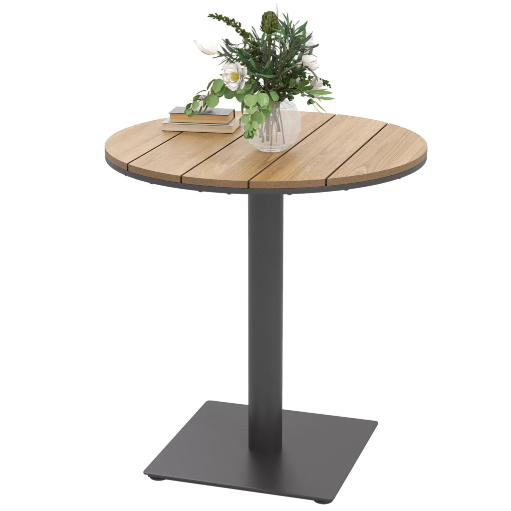 Outsunny Apvalus Lauko Stalas Ø70 cm, Atsparus Oro Sąlygoms, Plieninis Valgomojo Stalas su Juostiniu Dizainu, Kempingo / Šoninis Staliukas Terasai, Balkonui, Sodui, Natūralios Medienos Spalvos