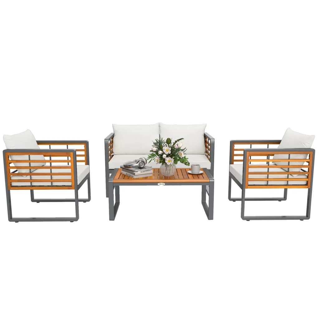 Outsunny Akacijos Medžio Lauko Baldų Rinkinys 4 Asmenims, Svetainė su 2 Vietų Sofa, 2 Krėslais, Pagalvėmis, Šoniniu Staliuku su Lentelės Dizainu, Lauko, Balkono, Terasos Baldai Sode, Balkone, Smėlio Spalvos