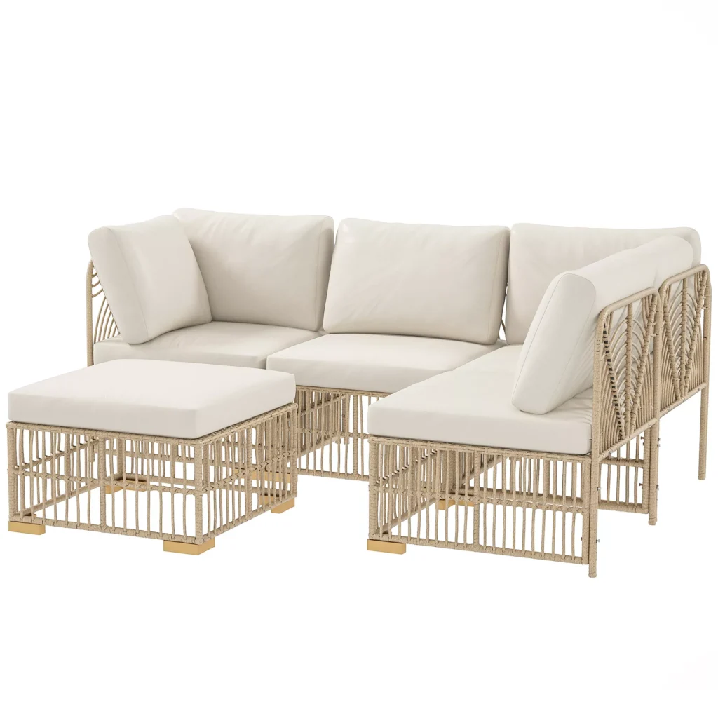 Outsunny Poliratano kampinis poilsio komplektas, sodo baldų komplektas su kampine sofa, krėslu, pufu, pagalvėlėmis, atsparus oro sąlygoms, sodo poilsio zona 5 asmenims, balkono baldai, lauko sėdimųjų baldų grupė sodui, balkonui, natūrali mediena + kreminė balta