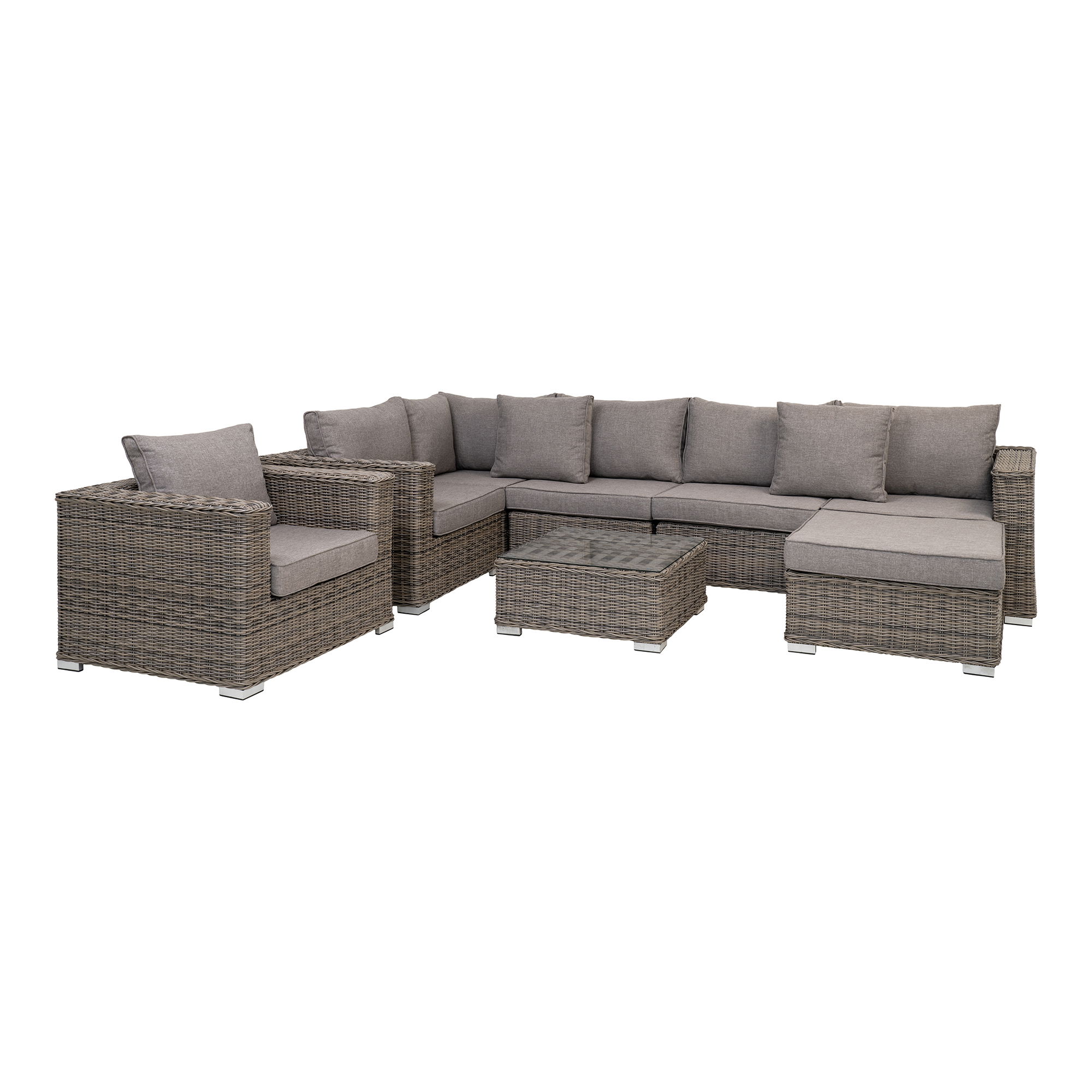 Didelis lauko baldų komplektas | Kampinė sofa, Pufas, Fotelis, Staliukas | Pilka
