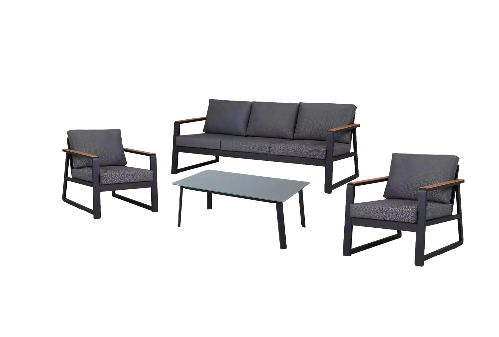 Lauko baldų komplektas: sofa, stalas ir dvi kėdės, pilkos sp.