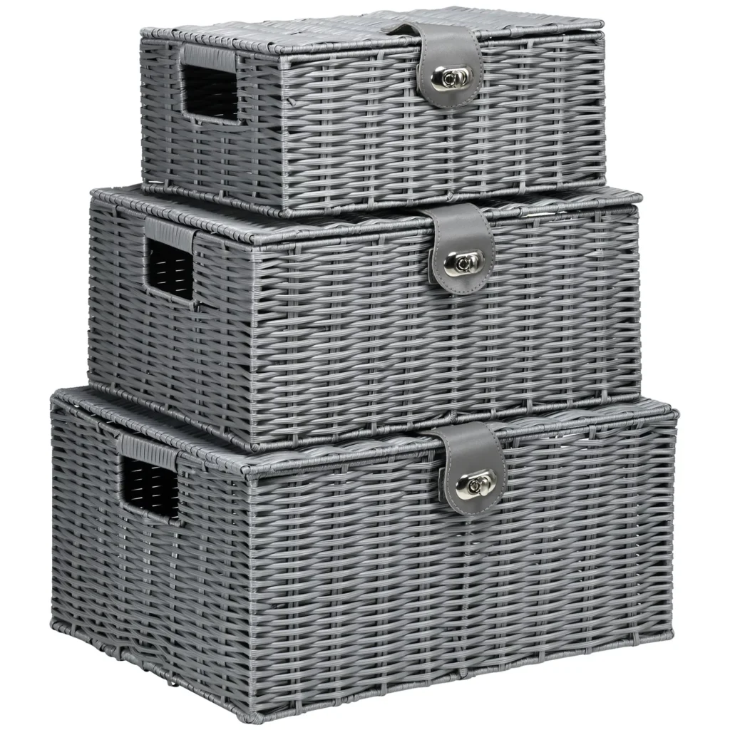 3 dėžių rinkinys su dangčiu ir sagtimis, 18L/12L/7L, pilka