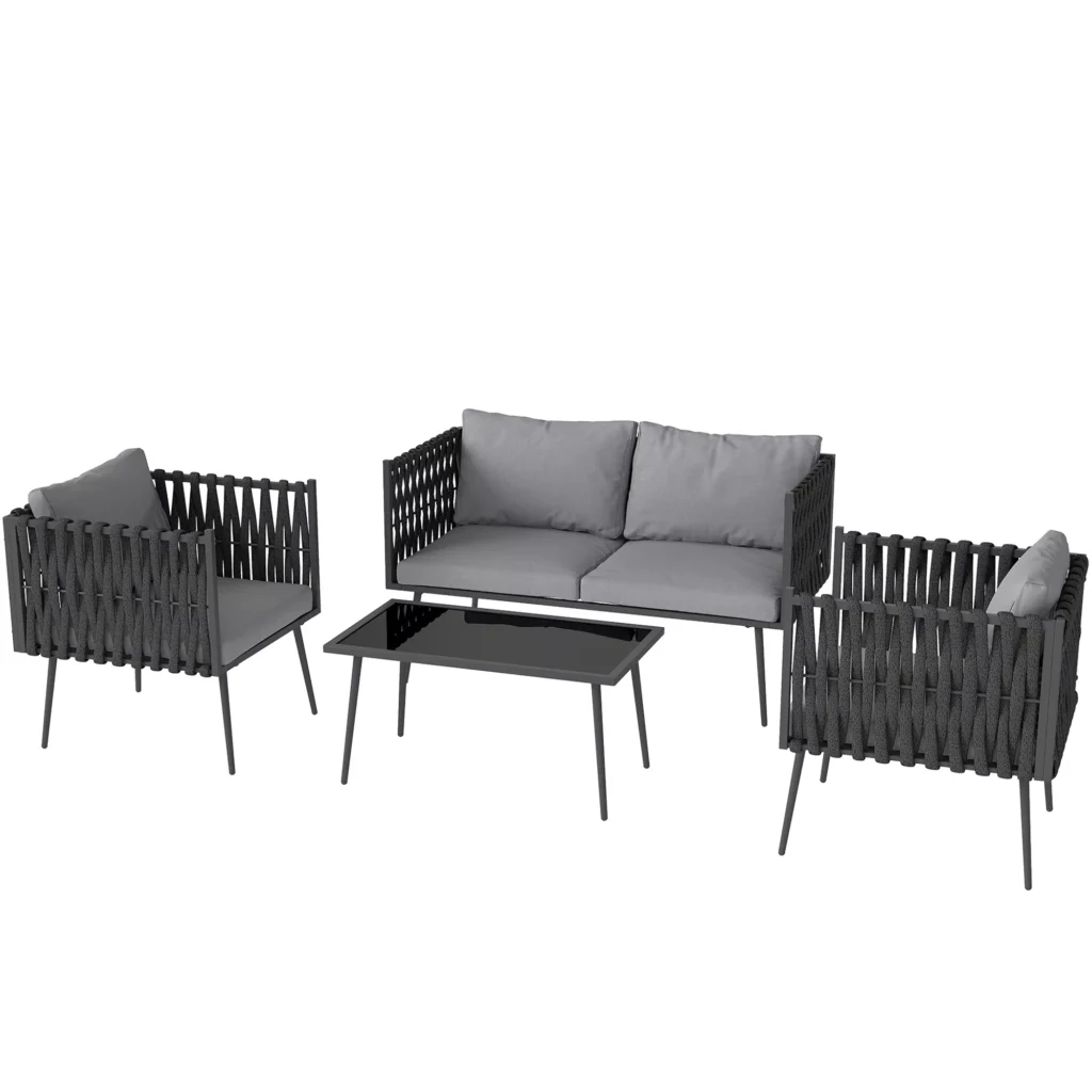 "Outsunny" sodo baldų komplektas 4 asmenų oro sąlygoms atsparus balkono baldų komplektas su 2 vietų sofa, foteliu, stikliniu stalu, sėdimąja pagalve, lauko sėdimųjų vietų grupe, sodo baldų komplektu, skirtu sodo balkonui, šviesiai pilka