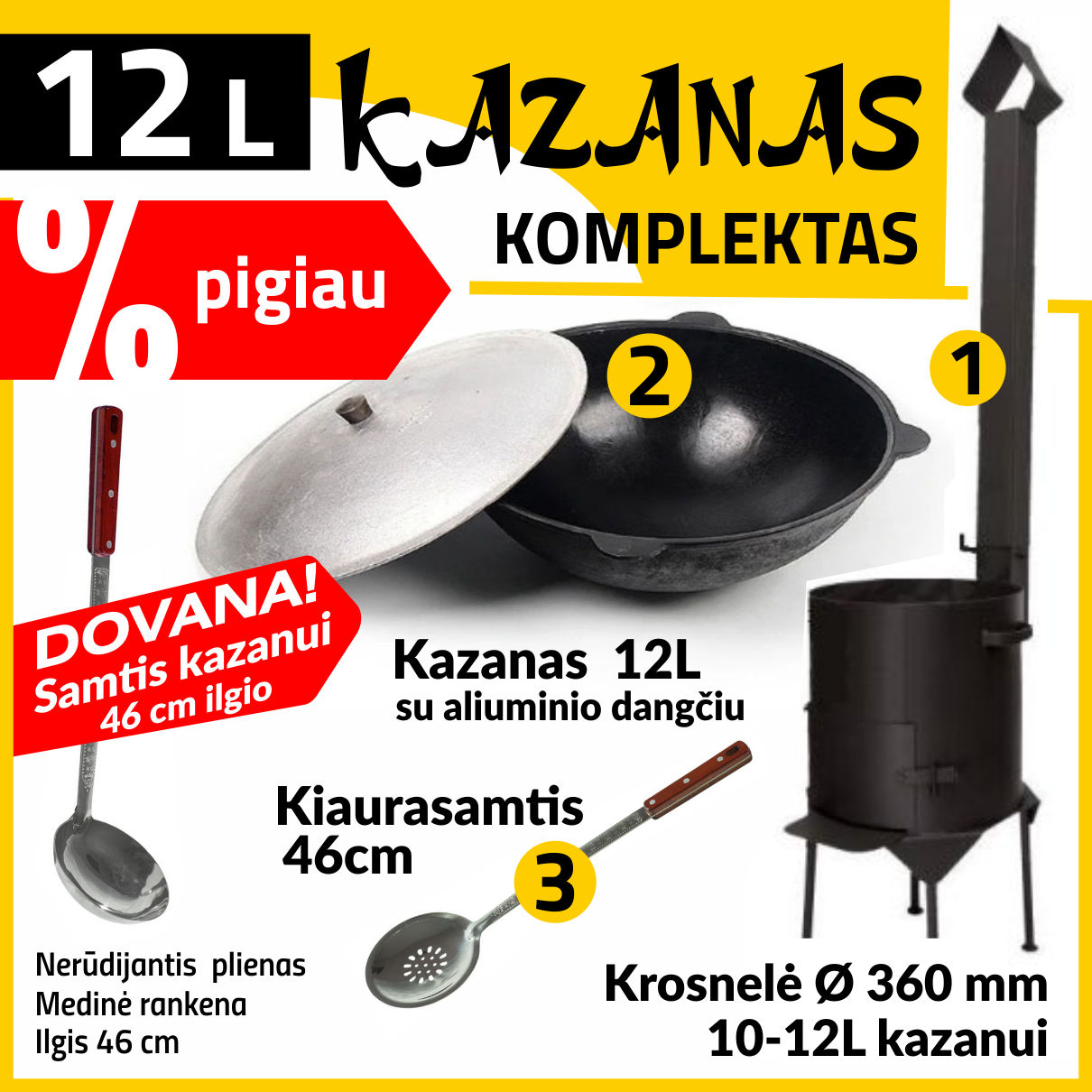 Komplektas: Krosnelė kazanui 12L / Namangan kazanas 12L / Kiaurasamtis ir samtis  46 cm Kazan Mangal