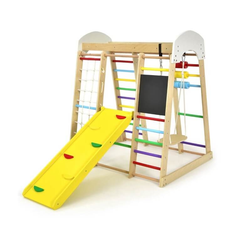 8in1 Medinė Montessori Žaidimų Aikštelė Su Čiuožykla Ir Sūpynėmis, Spalvota